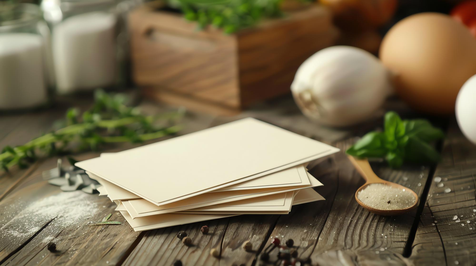 Stack of printed recipe cards and a pen